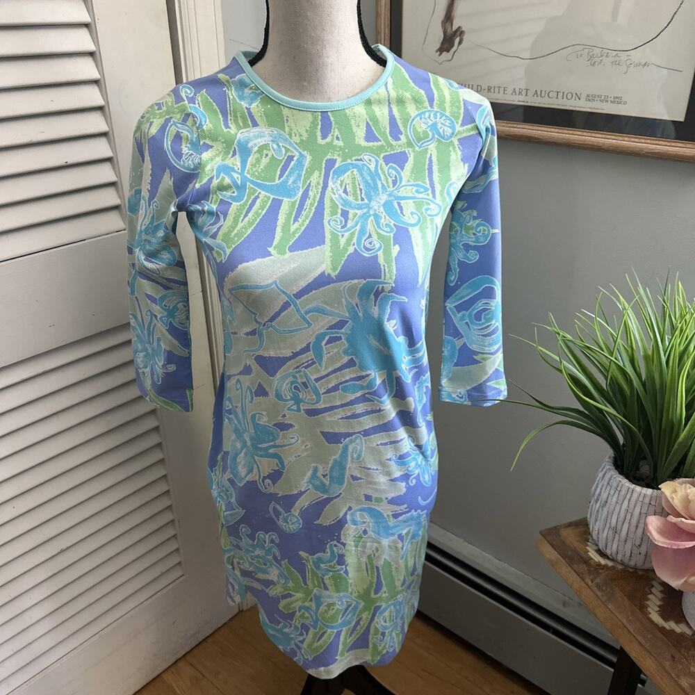 Ana Clare Dress XS Blue Mini Tropical Sea Life Print Shift Preppy Coastal Resort